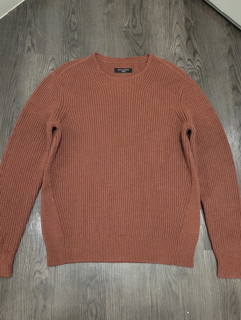 AllSaints Men's Karser Crew Ribbed Knit Sweater Brown Size M Industrial Chic